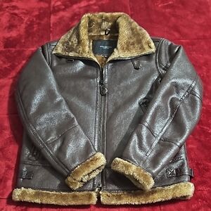 Marc New York Brown Faux Leather Jacket with Fur Faux Trim